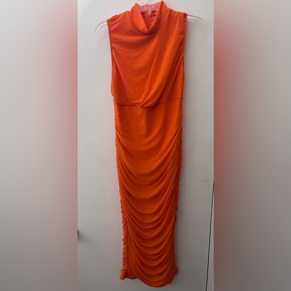 ❤️ Dresses & Skirts - Bodycon Orange Pleated Sleeveless Midi Dress